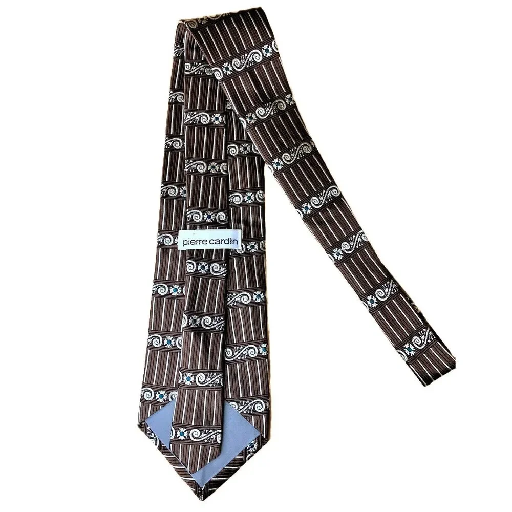 Pierre Cardin Silk Tie Brown Beige Green‎ Scroll Stripe Geometric Print Necktie